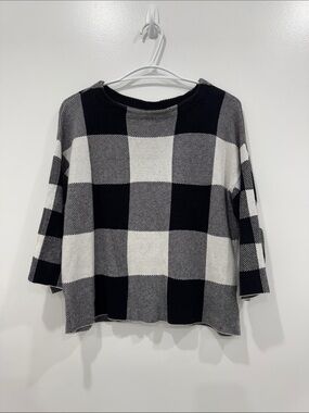Worthington Buffalo Plaid Knit Sweater Black White Button Back Top Size Small